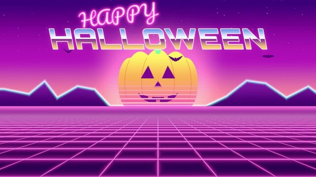 Happy Halloween seamless loop synthwave retro grid jack o lantern sun neon mountains eighties chrome lettering above a glowing pumpkin on a purple horizon for party flyers and music events