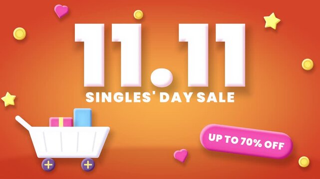 Singles Day sale seamless loop clay shopping cart double eleven orange soft three dimensional numbers with gifts coins hearts and stars around a discount pill for ecommerce banners and store ads