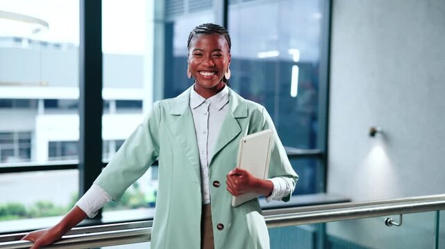 Face, woman and laugh with tech in office for corporate banking, about us pride or job integrity. Happy black person, risk manager or tablet for regulatory expertise, liaison or mitigation confidence