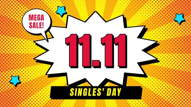 Singles Day sale seamless loop pop art comic burst double eleven speech bubbles saying mega sale pop around a white starburst on a halftone sunburst for ecommerce banners and store ads