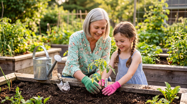 Grandmother and granddaughter plant flowers in backyard garden during sunny day