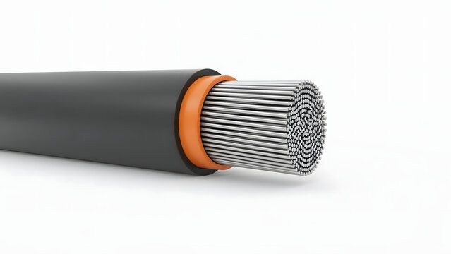 Close-up of a thick black electrical cable with an orange inner layer and multiple thin silver metallic wires exposed at the cut end section