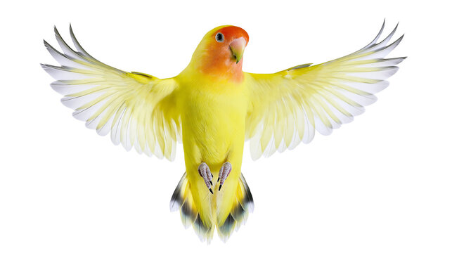 Isolated colorful peach-faced lovebird flying with widespread wings, vibrant yellow and orange