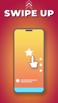 Swipe up seamless loop smartphone hand gesture finger scrolling stories phone screen vertical red orange colorful posts with heart play and star icons slide by for app tutorials and social media