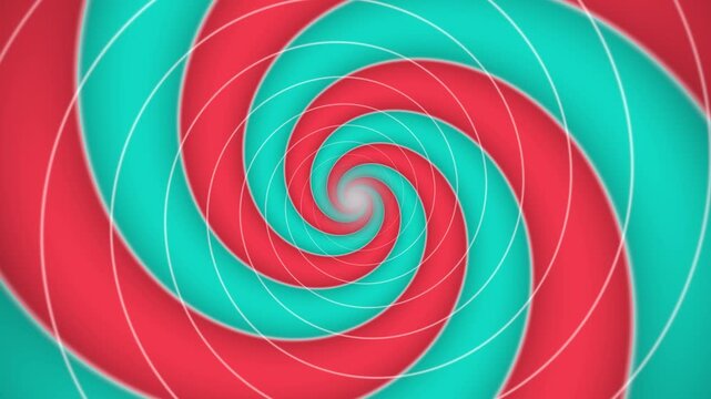 Hypnotic spiral seamless loop psychedelic colorful rotating swirl VJ vortex red teal purple green and orange bands twist toward the center for club screens festival stages and trippy intros