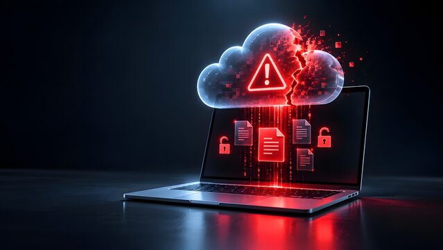 Broken cloud storage hologram with red warning triangle and falling document icons over laptop indicating severe data leak and security breach