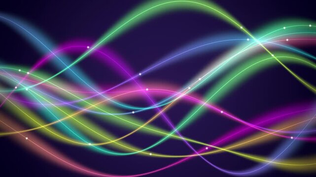 Glowing light ribbons seamless loop flowing neon waves VJ colorful strands multicolor lines with sparkling points weave across a dark purple space for club screens and presentation backgrounds