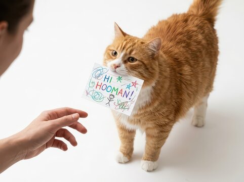 Adorable ginger tabby cat holding a funny greeting sign saying Hi Hooman in its mouth reaching towards a human hand