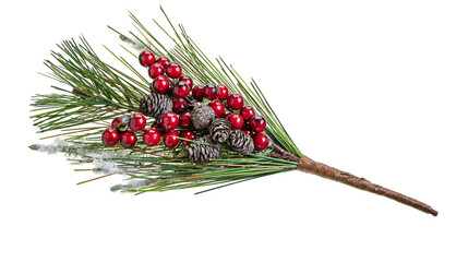 Isolated Christmas holiday decorative branch with pine needles, red berries, and rustic cones © Cian