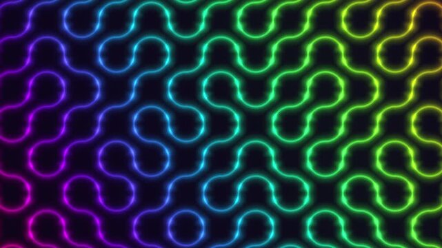 Neon truchet tiles seamless loop flowing curves rainbow pattern VJ glowing arcs connect into a maze of loops that cycle through colors for club screens tech backgrounds and geometric presentations
