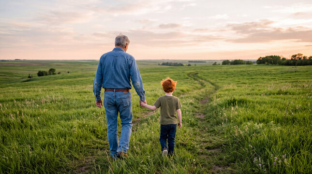 Grandfather and grandson walking hand in hand on a grassy path during sunset in a wide open field