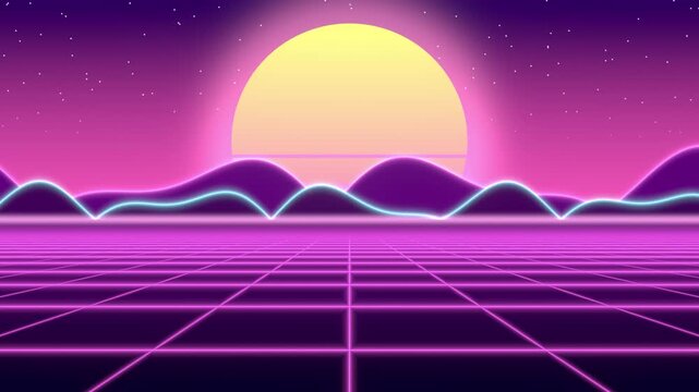 Synthwave sun seamless loop retro eighties neon grid mountains VJ glowing sunset over purple hills and a pink perspective floor for music events retro parties album artwork and club screens