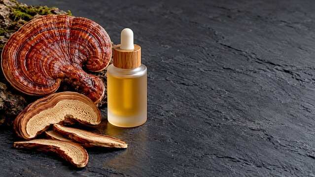 Reishi Mushroom Extract in Dropper Bottle with Fresh and Dried Ganoderma