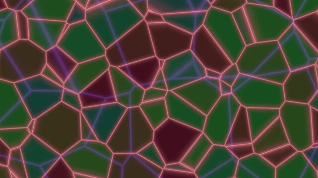 Voronoi cells seamless loop glowing mosaic neon edges VJ color shifting polygon pattern with stained glass shading in cyan green orange and pink for club screens tech intros and abstract backgrounds