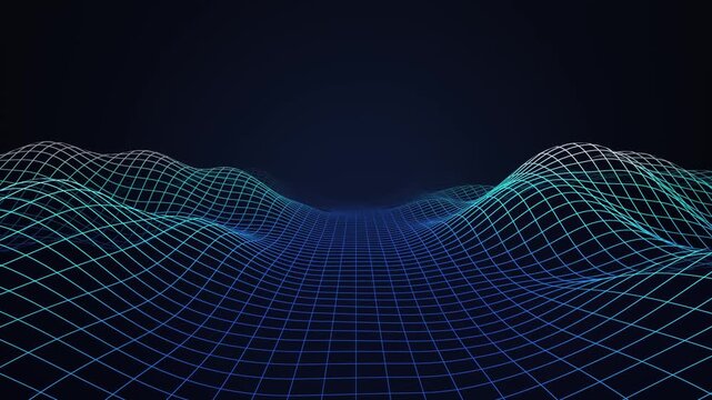 Futuristic neon wireframe grid terrain mountains landscape mesh surface&nbsp;undulating&nbsp;smoothly over dark&nbsp;cyberspace seamless loop animation