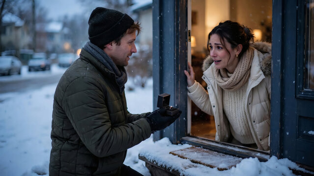 Man proposing to woman at snowy doorway