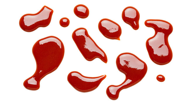 Isolated vibrant red glossy liquid splatters and drops, abstract organic shapes and streaks of chili sauce