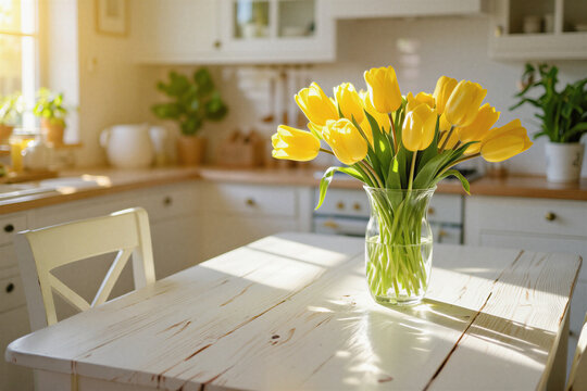 Yellow tulips in glass vase on white oak kitchen table