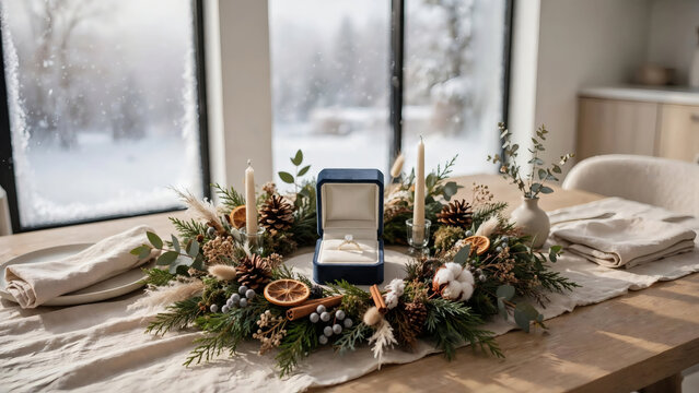 Engagement ring in holiday centerpiece on dining table