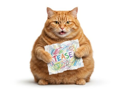 Funny fat red cat holding a paper with the word tease and colorful scribble isolated on white background