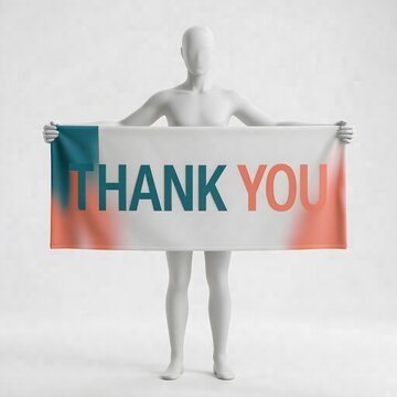 Minimalist 3D Figure Holding Thank You Banner Signboard with Gradient Colors in Clean Studio for Business Appreciation and Gratitude Message
