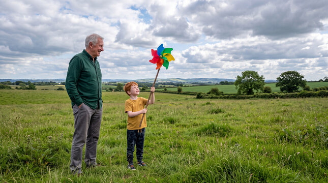 Grandfather and grandson play with a pinwheel in a green field on a cloudy day