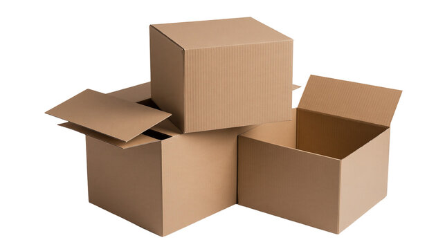 Isolated group of various open and closed brown cardboard shipping boxes ready for packaging delivery