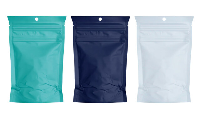 Isolated three stand up pouches in teal, navy blue, and light gray for packaging design