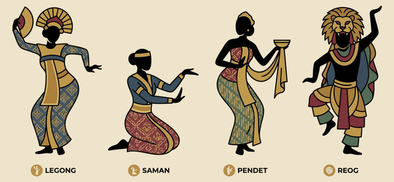 Traditional Indonesian dance silhouettes including Legong Saman