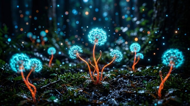 Bioluminescent alien flora like tiny dandelions with glowing cyan tops and orange stems sprouts from dark soil in a night forest with bokeh.
