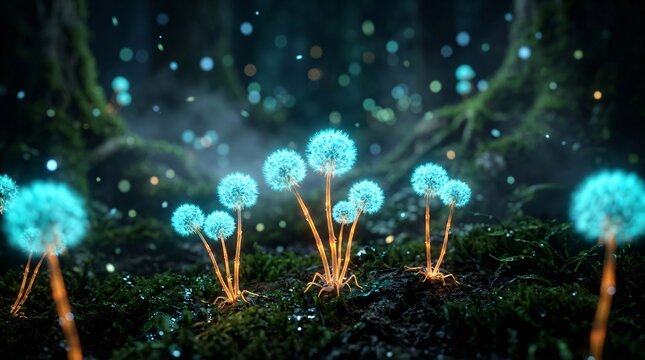 Bioluminescent alien flora like tiny dandelions with glowing cyan tops and orange stems sprouts from dark soil in a night forest with bokeh.