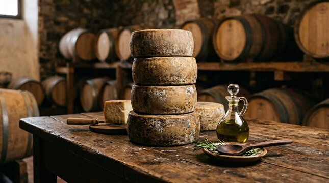 Aged pecorino cheese wheels stack on a weathered wooden table beside olive oil and a wooden spoon in a dim rustic wine cellar with barrels.