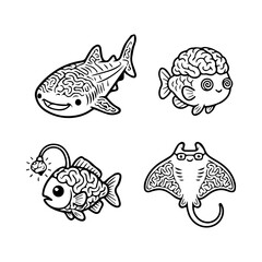 Fototapeta premium Deep Sea Animals Coloring Page Outline Vector Set , Monster doodle