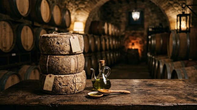 Aged pecorino cheese wheels stack on a weathered wooden table beside olive oil and a wooden spoon in a dim rustic wine cellar with barrels.