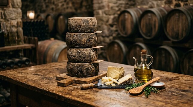 Aged pecorino cheese wheels stack on a weathered wooden table beside olive oil and a wooden spoon in a dim rustic wine cellar with barrels.