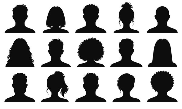 Diverse People Avatar Silhouette Collection in 5x3 Grid, Minimal Black Human Profile Icons Isolated on White Background