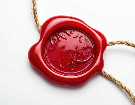 Deep red wax seal, impressed with an intricate, organic, swirling design, on twine