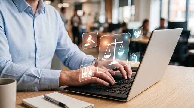 A man working on a laptop with digital legal and justice icons overlayed, representing modern legal services, consultation, and law technology.