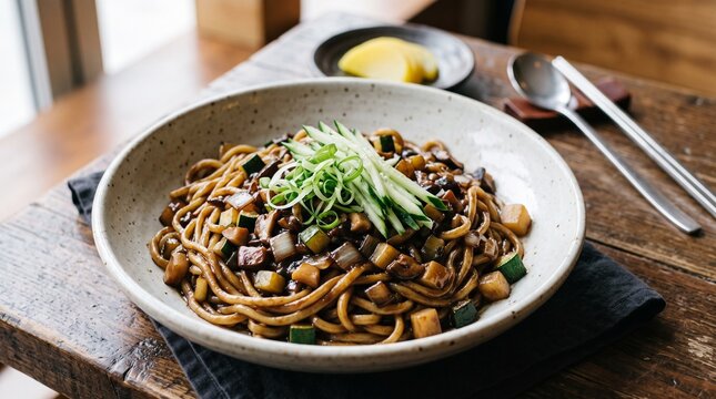Vegetarian jajangmyeon with black bean sauce and vegetables for modern Korean menus, plant-forward campaigns, recipe publishing and food advertising.
