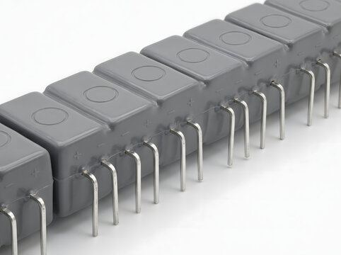 Row of grey industrial power capacitors connected by wires.
