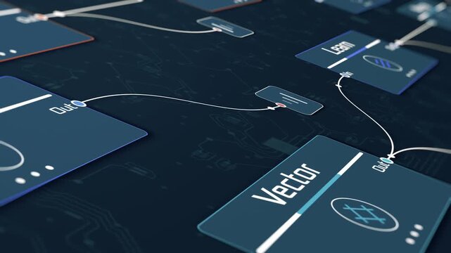 Procedural node based software interface with connected data blocks representing vector information and digital workflow processing