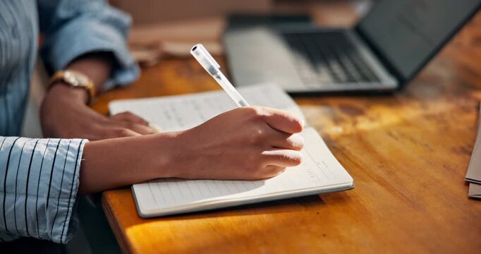 Hands, writing and notebook in supply chain office, logistics management and shipping notes. Person, checklist or agenda for dropshipping information, business quote or details for courier service