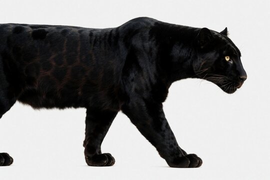Full body side view of black panther walking on white background. Large wild cat with dark spots moves profile against plain backdrop. Powerful predator mammal shows sleek fur, intense gaze in studio