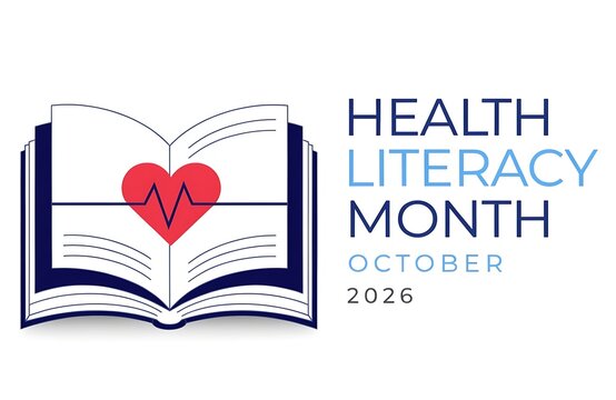 Health literacy month design featuring an open book and heart