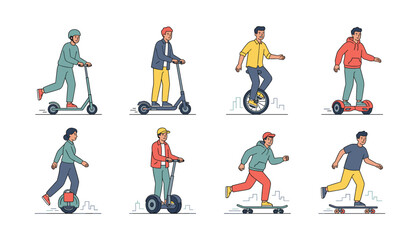 Vector illustration set of cartoon people riding electric scooters, hoverboards, unicycles, and skateboards isolated on white background. (17 words) © MdFahim