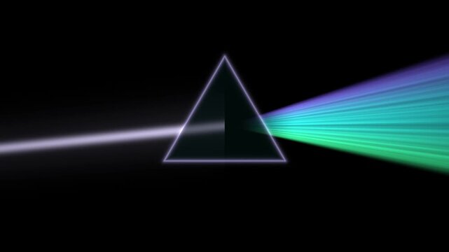 Glass prism refracting light beam dispersing colorful rays flowing to right seamless loop animation