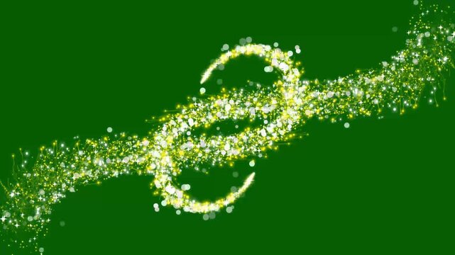 Golden glitter light tail animation, sparkling comet trace with glare effect, magical stardust particles, twinkling stars and shimmering fairy dust trail on green background. 4k