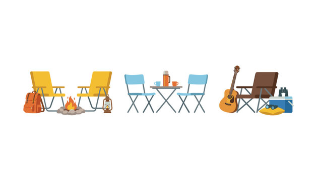 Vector illustration set of camping furniture elements folding chairs campfire guitar backpack and picnic table isolated on white background.