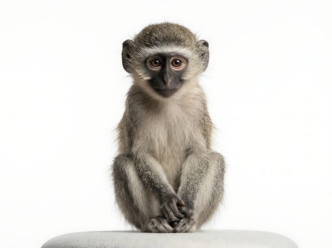A cute young vervet monkey sitting and looking at the camera, isolated on white background