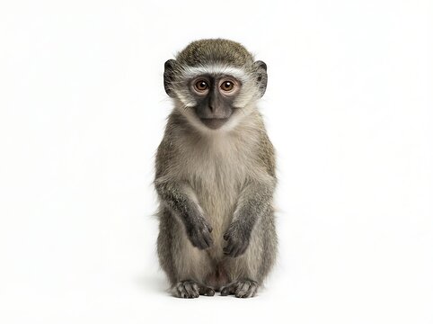 A young vervet monkey sitting and looking directly at the camera, isolated on white background